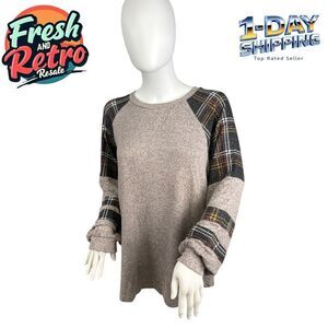 Raglan Sweater Plaid Sleeve Women XL Cozy Comfy Cool Weather Stretch Pull Over